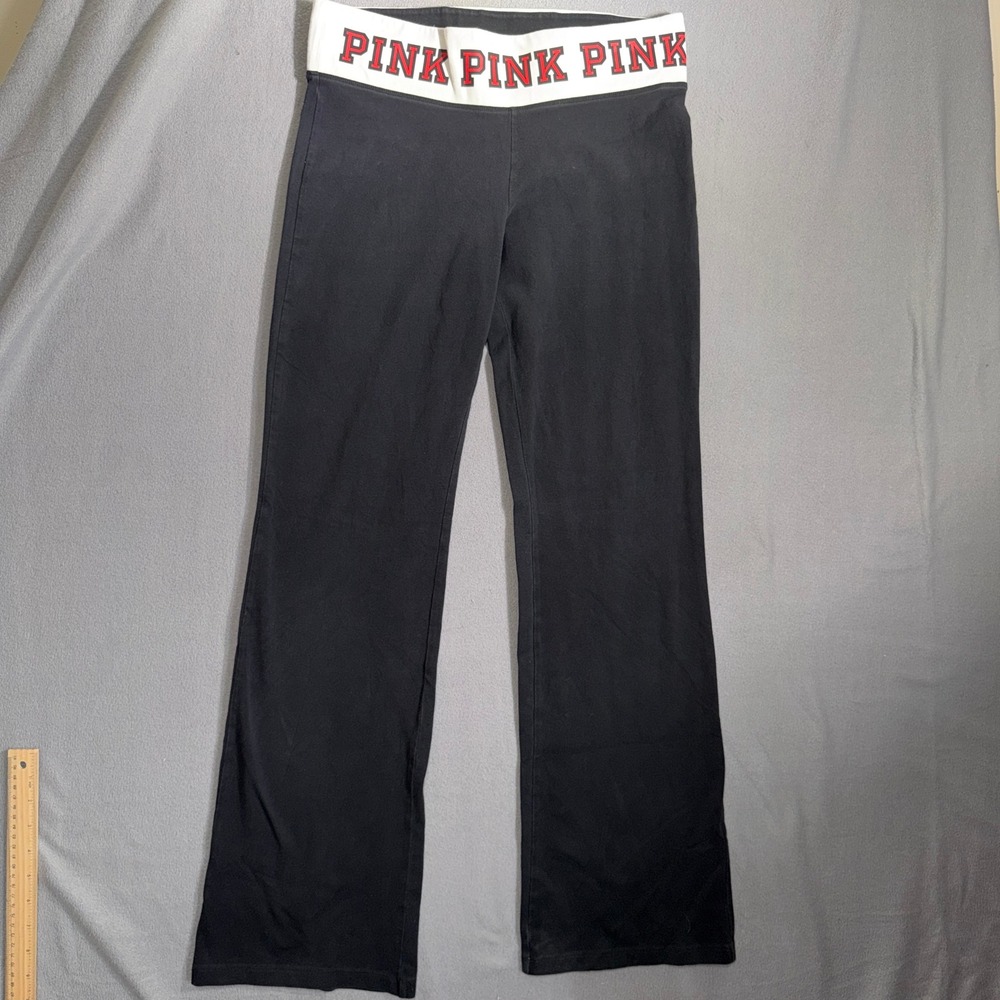 PINK Large Black Foldover Waist Yoga Flare Pants Y2K Athleisure Loungewear